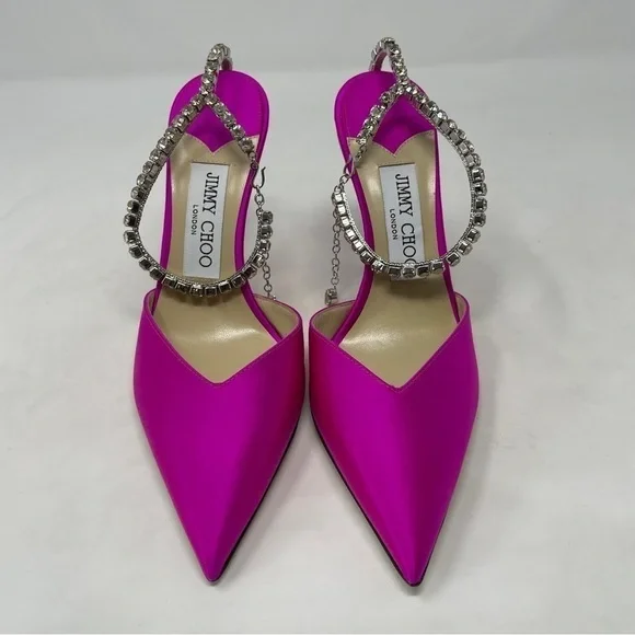 Jimmy Choo Saeda‎ 100mm Ankle Strap Pumps in Fuschia Satin with Crystal Chain - Picture 5 of 16